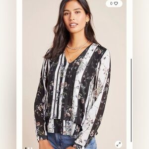 Anthropologie Black and White Floral Blouse
